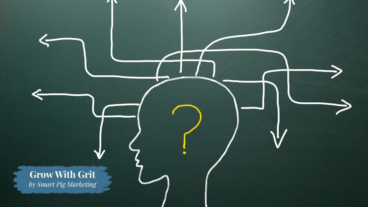 Illustration of a person's head drawn on a chalkboard with arrows pointing in multiple directions and a question mark inside the head, representing the challenge of making business decisions. Grow With Grit by Smart Pig Marketing branding appears in the lower left corner.