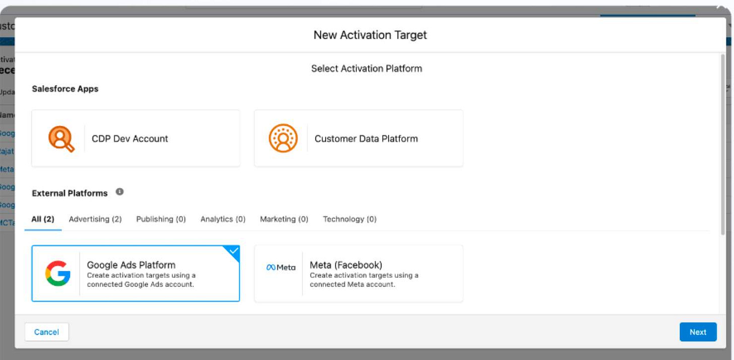New Activation Target screen.