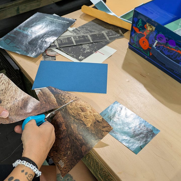 a still from craft night on instagram, Callan cutting up collage materials