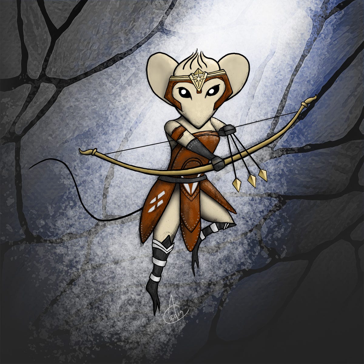 A mouse in ancient Greek-style armour leaping into the air as she cocks to fire three arrows simultaneously with her bow.