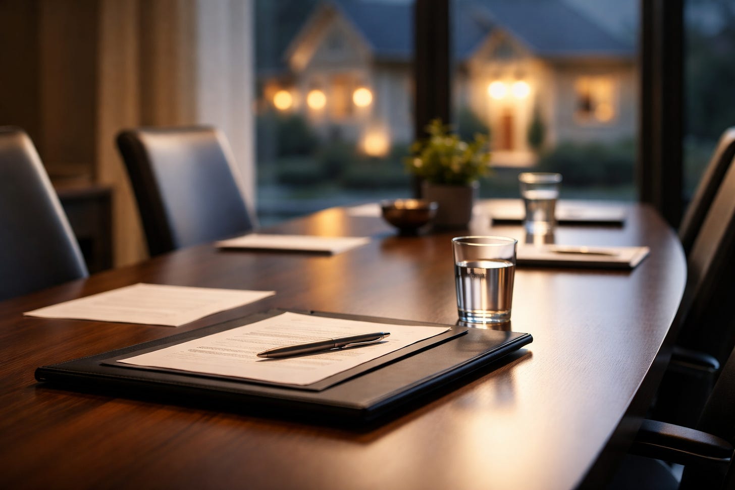 A clean conference table set for a listing appointment, with a folder, pen, and glass of water arranged neatly, and a softly lit home visible through the window at dusk. A clean conference table set for a listing appointment, with a folder, pen, and glass of water arranged neatly, and a softly lit home visible through the window at dusk.