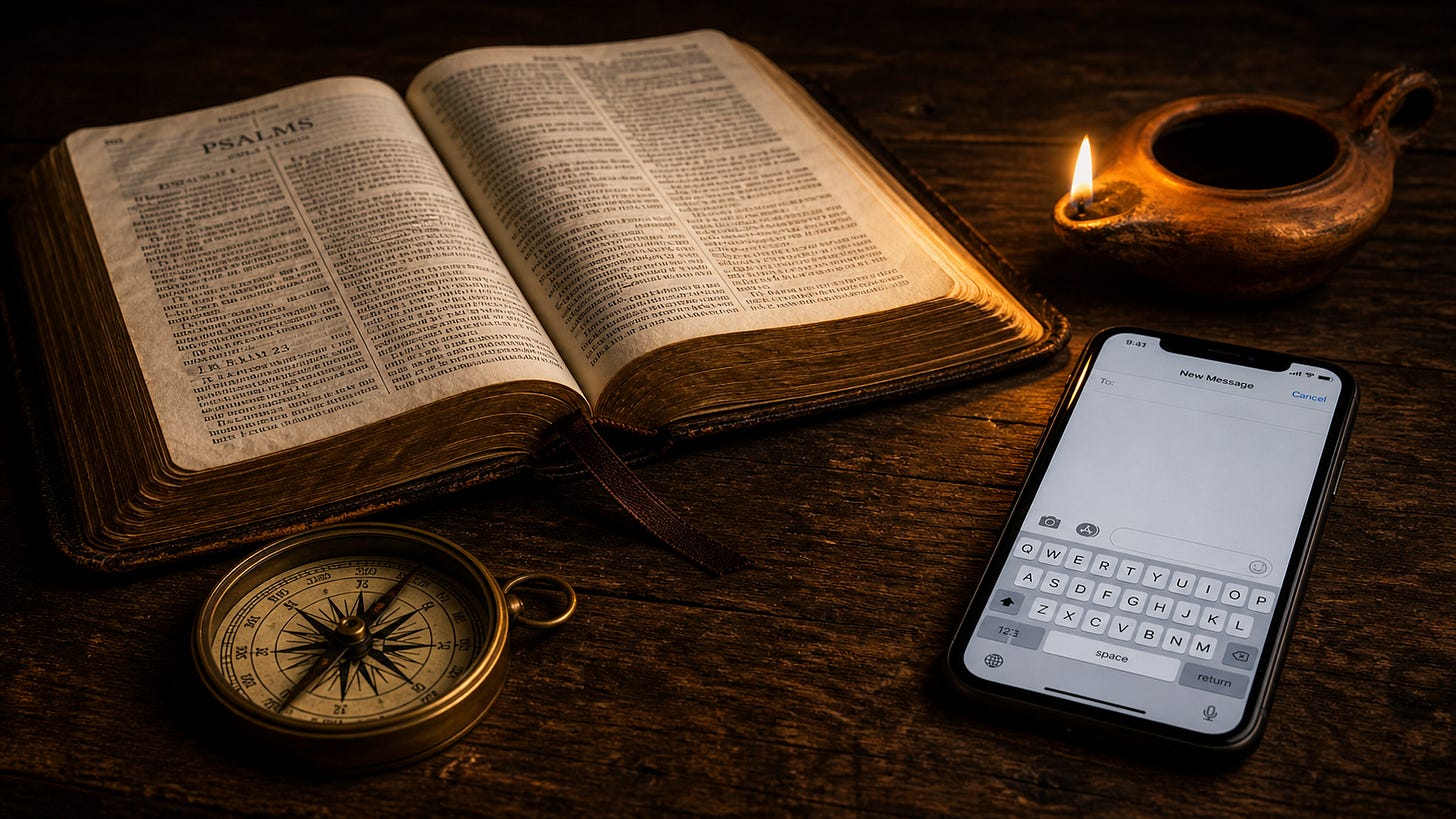 Open Bible, phone, compass, and clay lamp on a dark wooden table, symbolizing faith adapting to culture without losing its center.