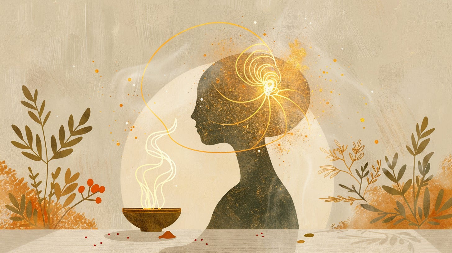 Calm figure at a table, golden thread linking head and belly to depict the gut–brain loop and Agni.