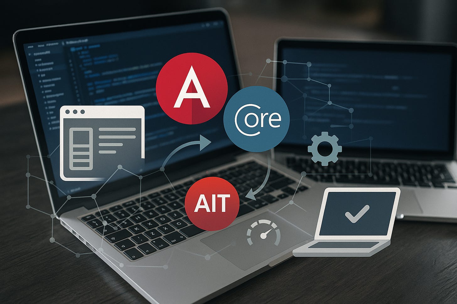 Laptops with Angular and ASP.NET Core logos symbolizing Single Page Application development.