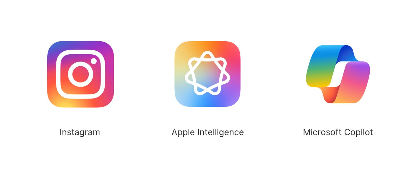 Brand Examples Using Gradient Logos: instagram, Apple iintelligence, Microsoft Copilot