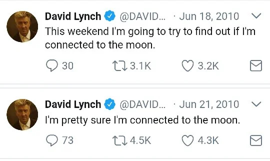 David Lynch tweet from 2010: "This weekend I'm going to try to find out if I'm connected to the moon" + reply 3 days later "I'm pretty sure I'm connected to the moon." David Lynch tweet from 2010: "This weekend I'm going to try to find out if I'm connected to the moon" + reply 3 days later "I'm pretty sure I'm connected to the moon."