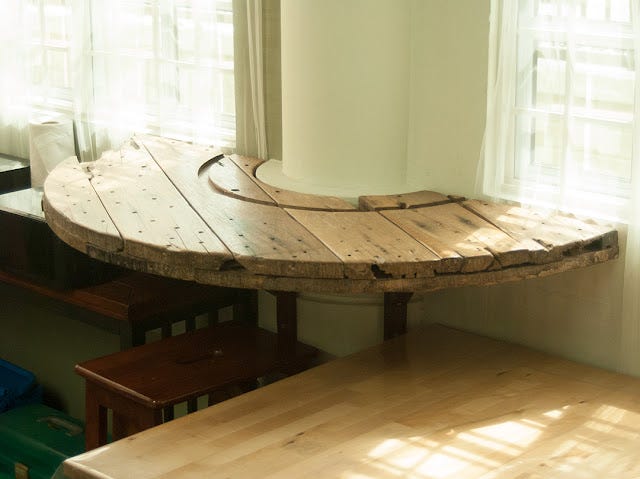 Reclaimed Wood Cable Reel Furniture Table Half Circle Floating Standing Table