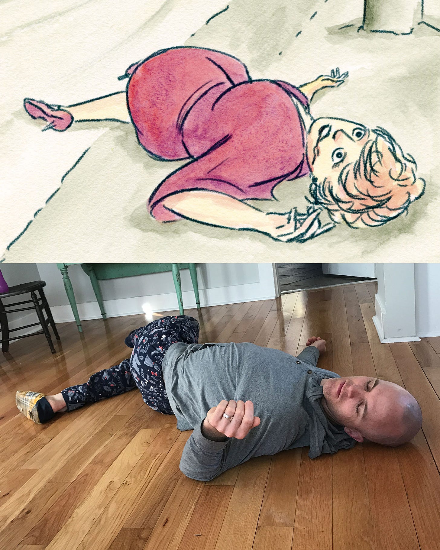 K. Woodman-Maynard’s spouse acting out the dead Myrtle Wilson the  graphic novel adaptation of The Great Gatsby.