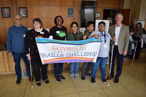 Photographs from the 2023 Eastern North Carolina Regional Braille Challenge. The nine photos are of the student competitors, volunteers and activities of the day.
