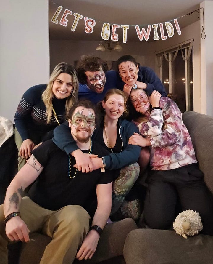4 images of friends laughing and hugging at a birthday party