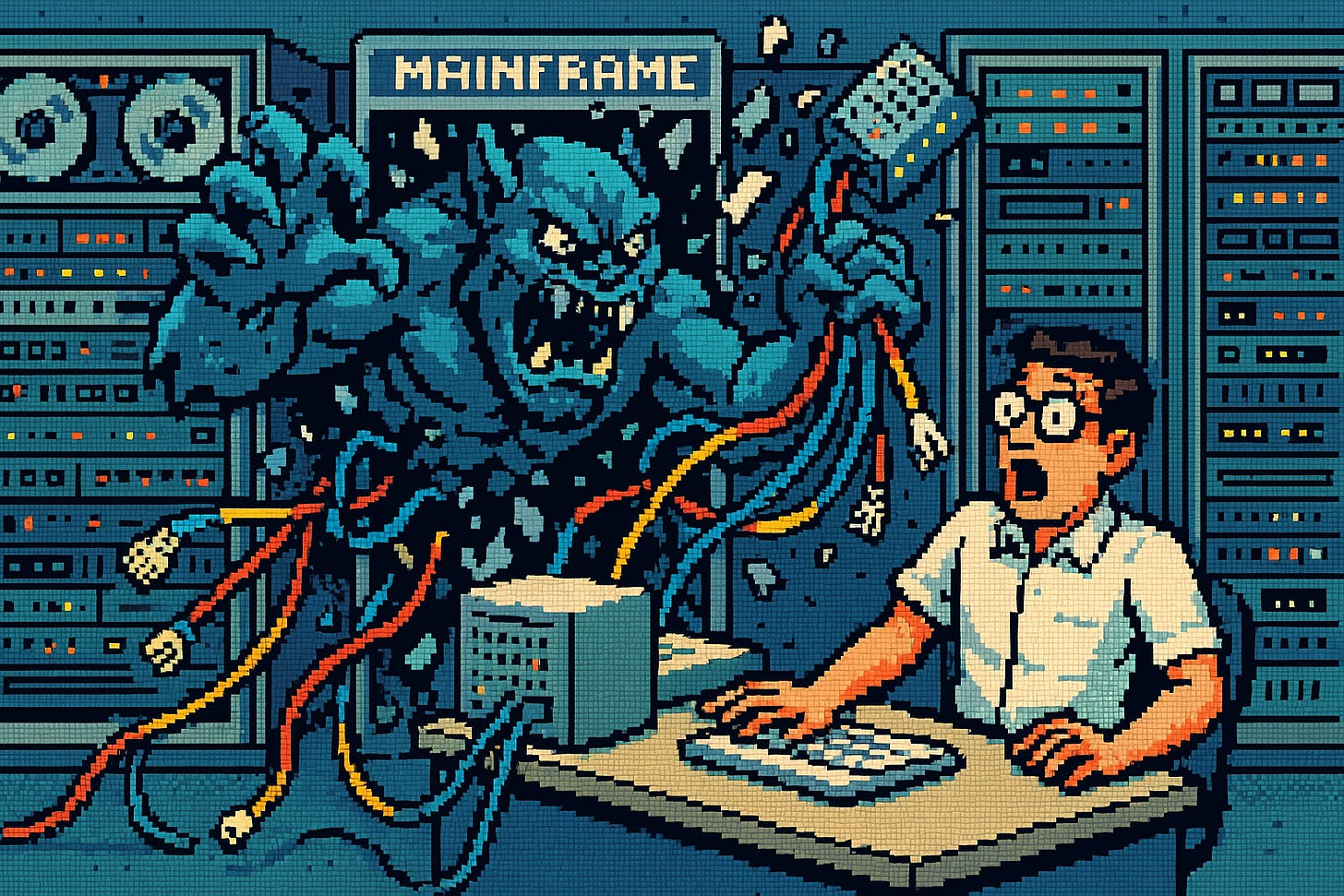 retro bit-style scene of a large blue beast bursting through a mainframe computer, ripping out network cables and network devices, while an IT professional sits on his desk looking amazed