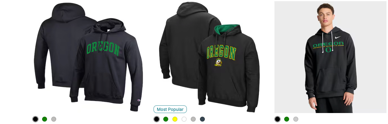 A row of Oregon Ducks hoodies on a white background, featuring two black Champion hoodies with bold green “Oregon” lettering, a black hoodie with the Duck mascot and green-and-yellow accents, and a Nike black hoodie modeled by a person with sleek green “Oregon” text and the “O” logo. Deals on seats, fan gear, and premium Oregon Football coverage at www.Ducks4.Life