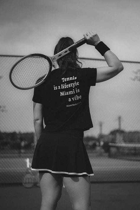 A black and white photo series of men and women playing tennis, modeling Miami Racket Club apparel, and chatting courtside. Mix of action shots, posed portraits, and candid moments, showcasing both athleticism and casual club atmosphere.
