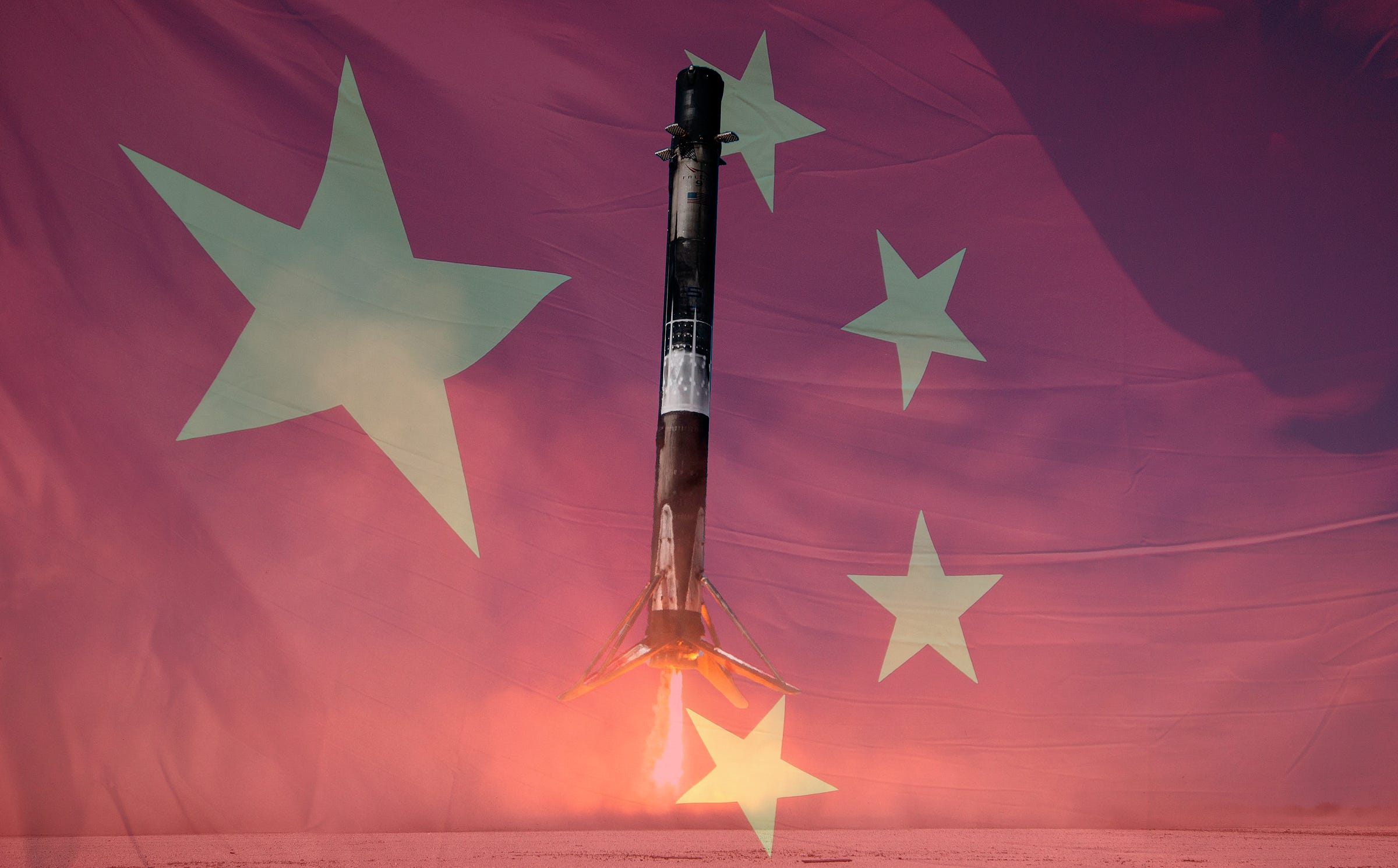 SpaceX’s Falcon 9 lands back in the continental U.S. with the flag of the People’s Republic of China behind it. SpaceX’s Falcon 9 lands back in the continental U.S. with the flag of the People’s Republic of China behind it.
