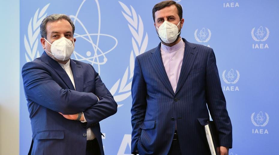 HE Dr. Seyed Abbas Araghchi, Deputy Foreign Minister for Political Affairs of Iran accompanied by HE Ambassador Kazem Gharib Abadi, Resident Representative of Iran to the IAEA at the Agency headquarters in Vienna, Austria. 8 April 2021. Photo Credit: Dean Calma / IAEA.