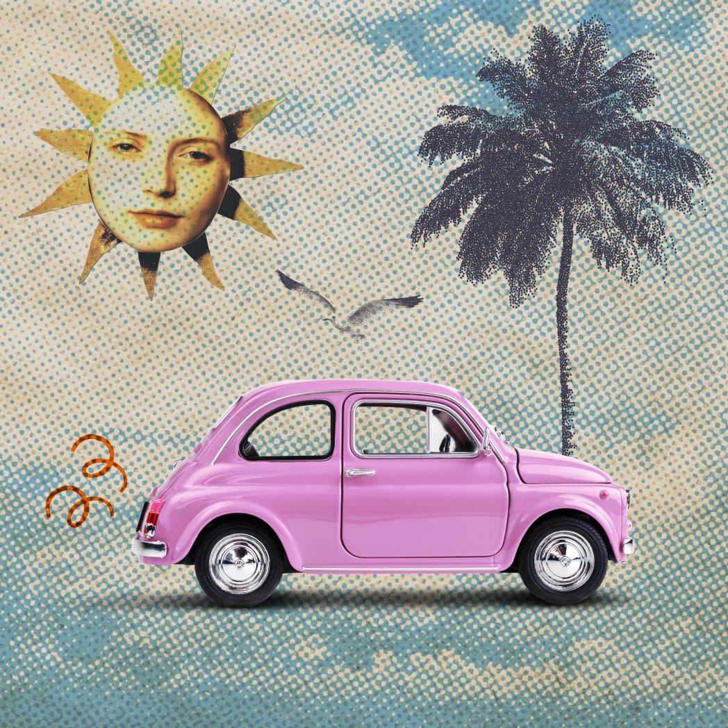 textured, collage style art with a pink car, a palm tree, and a woman's face in the sun