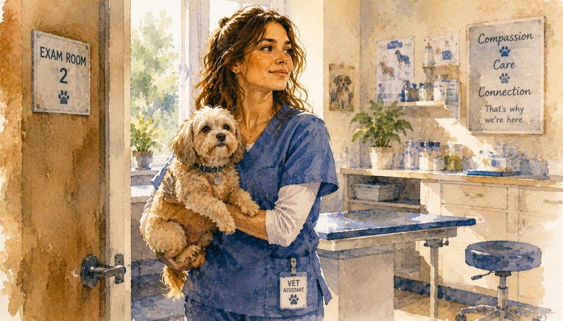 A young female veterinary assistant carries a small dog into an exam room, confidently embracing meaningful work and personal growth.