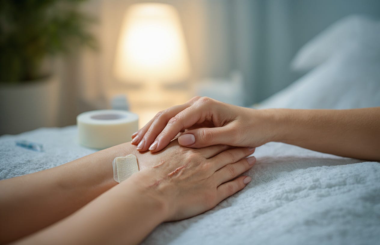 Create a realistic image of a female hand gently touching a healing C-section scar, showing both physical healing and emotional care, with a thoughtful, contemplative expression visible in soft natural lighting, depicting the journey of recovery and acceptance, medical supplies like scar tape visible nearby on a bedside table. Create a realistic image of a female hand gently touching a healing C-section scar, showing both physical healing and emotional care, with a thoughtful, contemplative expression visible in soft natural lighting, depicting the journey of recovery and acceptance, medical supplies like scar tape visible nearby on a bedside table.