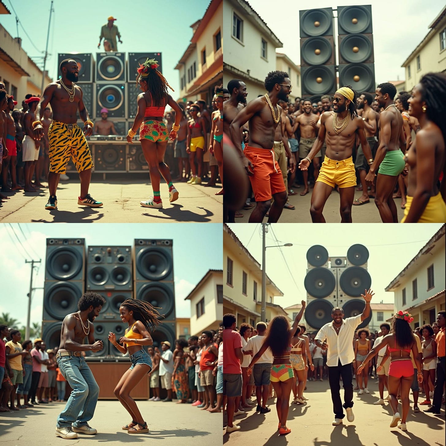 1990s Jamaican street scene with Yardie vibes: a lively crowd dances to reggae, a man in the center and a woman in short ‘batty rider’ shorts wining on the ground. A powerful sound system with four speaker stacks blasts dub beats, while a DJ crew spins vinyl at the turntables. The energy is electric, capturing the essence of a Jamaican dancehall block party.