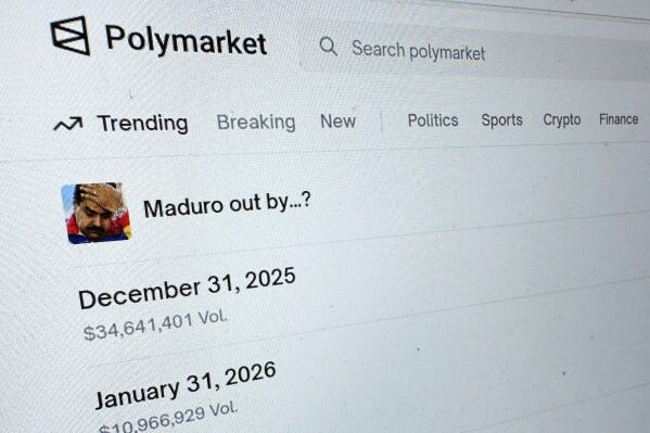 The Polymarket prediction market website is displayed on a computer screen, Jan. 11, 2026, in New York. (AP Photo/Wyatte Grantham-Philips, File) The Polymarket prediction market website is displayed on a computer screen, Jan. 11, 2026, in New York. (AP Photo/Wyatte Grantham-Philips, File)