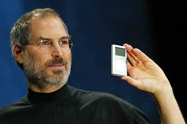 Apple CEO Steve Jobs holds a new mini iPod at Macworld January 6, 2004 in San Francisco. Jobs announced several new products including the new iLife...