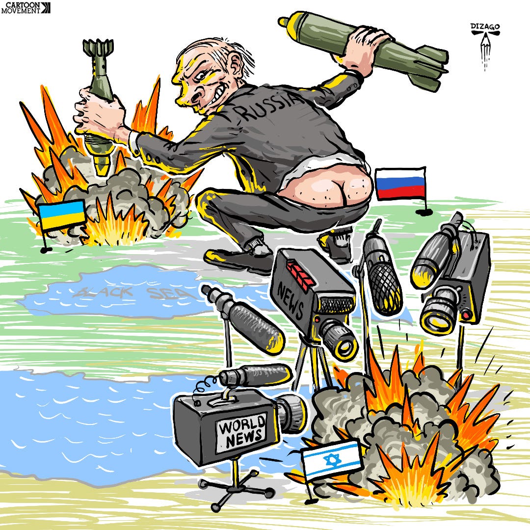 Cartoon showing a Gollum-like large Putin kneeling over Ukraine as he drops bombs on it, while looking over his shoulder with an evil grin looking at the devastation in Israel and Palestine, where the world media have gathered, ignoring Putin's actions in Ukraine.