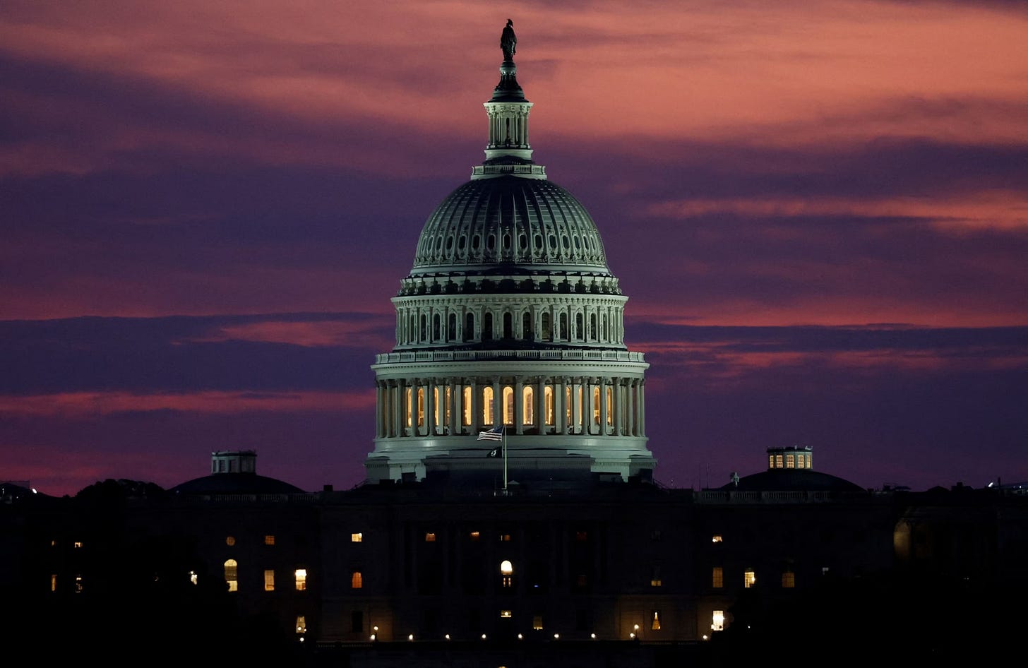 U.S. Capitol building at night in September 2025, symbolizing the engineered constitutional crisis of a government shutdown.