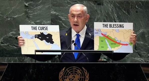 Netanyahu holds two maps title the curse and the blessing as fantasy of West Asia