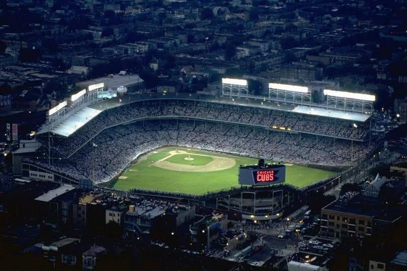 Overhead shot of newly-lit Wrigley Field in 1988.