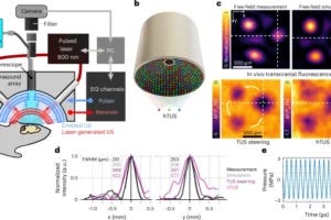 This system combines brain stimulation and monitoring in one device. A 512-element array sends ultrasound to the brain and, at the same time, uses the same array to create 3D optoacoustic images. A tiny fiber camera in the middle of the array adds calcium imaging to track brain activity. The figures show how the ultrasound is delivered, how the array can use different element groups, how the focus and pressure of the ultrasound are measured, and how these signals are mapped inside the brain.