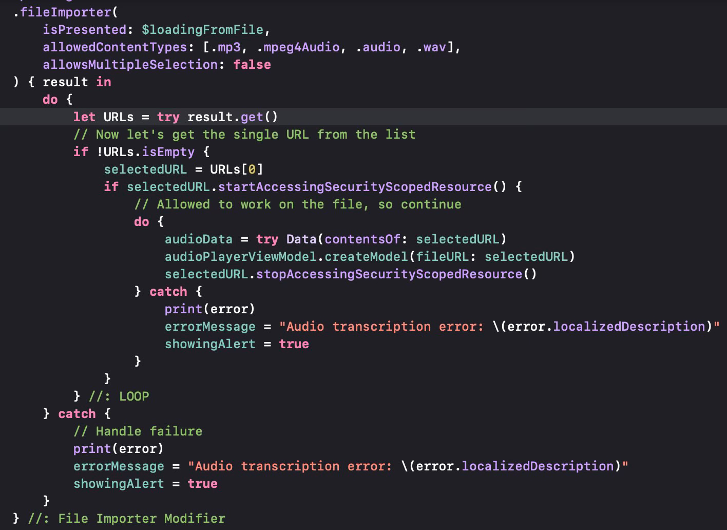 SwiftUI code to select and upload audio (speech) files