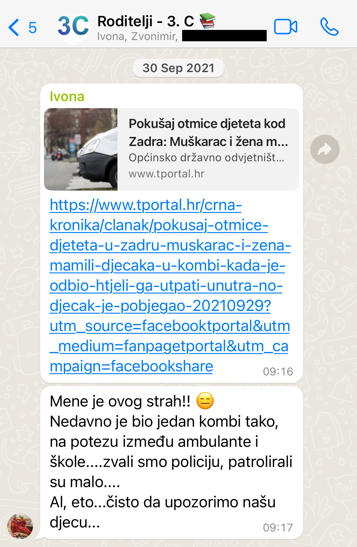 Message shared in the parents’ WhatsApp group about attempts to snatch children in Croatia and in the local area Message shared in the parents’ WhatsApp group about attempts to snatch children in Croatia and in the local area