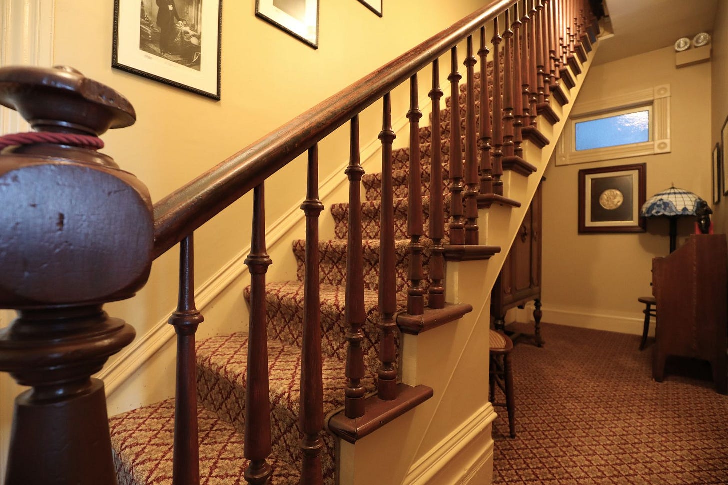 An interior view of a stairway.