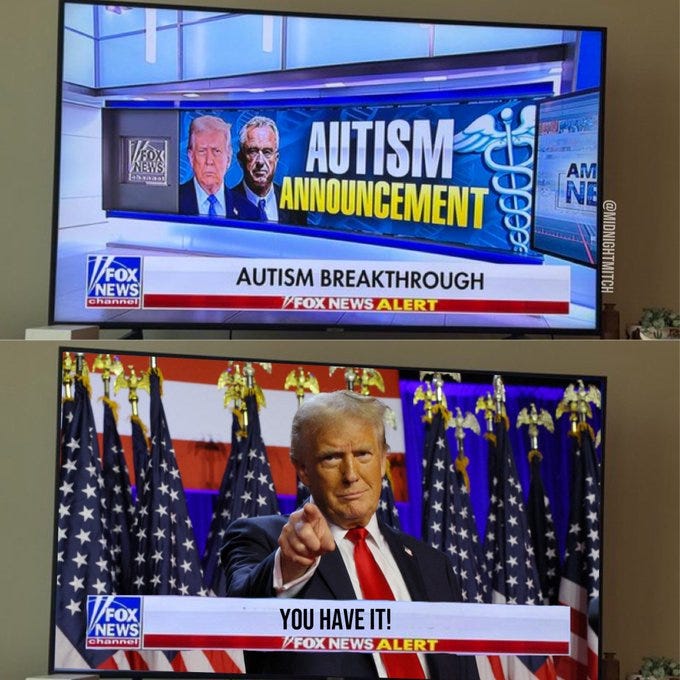 Two television screens displaying Fox News broadcasts. The top screen shows a banner with "AUTISM ANNOUNCEMENT" and "AUTISM BREAKTHROUGH" text, alongside images of Donald Trump and another man. The bottom screen features Donald Trump pointing forward, with American flags in the background and "YOU HAVE IT!" text. A watermark "@MidnightMitch" is visible.