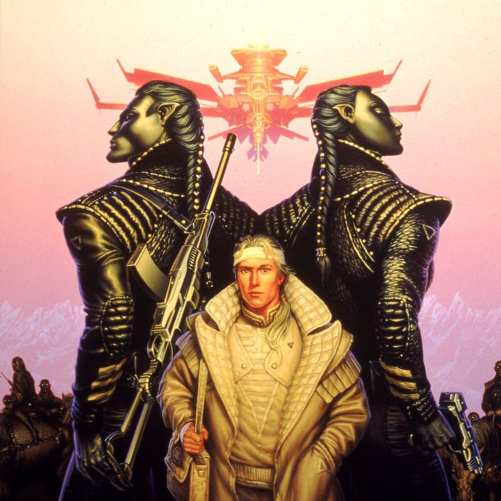 LEFT: Detail from FOREIGNER featuring a human male dressed in white towered over by two aliens with pure black skin. Both aliens, male and female, wear leather uniforms. The male on the left has an assault rifle strapped over his back. The female holds a laser pistol low at her side.  RIGHT: Figure detail from FOREIGNER featuring the human male dressed in white. He wears a headband with blonde hair spilling over it. The collar of his leather overcoat is flared wide. A pale ponytail winds down the color to the structured shirt beneath and barely reaches his chest. He casually grasps the strap of his shoulder bag. The flap is marked with the artists symbol, the stylized letters M and W bound by a circle.