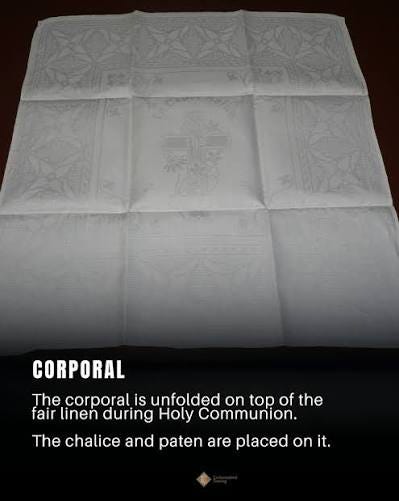 Can you name all five altar linens? A fair linen, corporal, pall,  purificator, and lavabo towel may all be made from white linen, but they're  not interchangeable. Each has a specific purpose