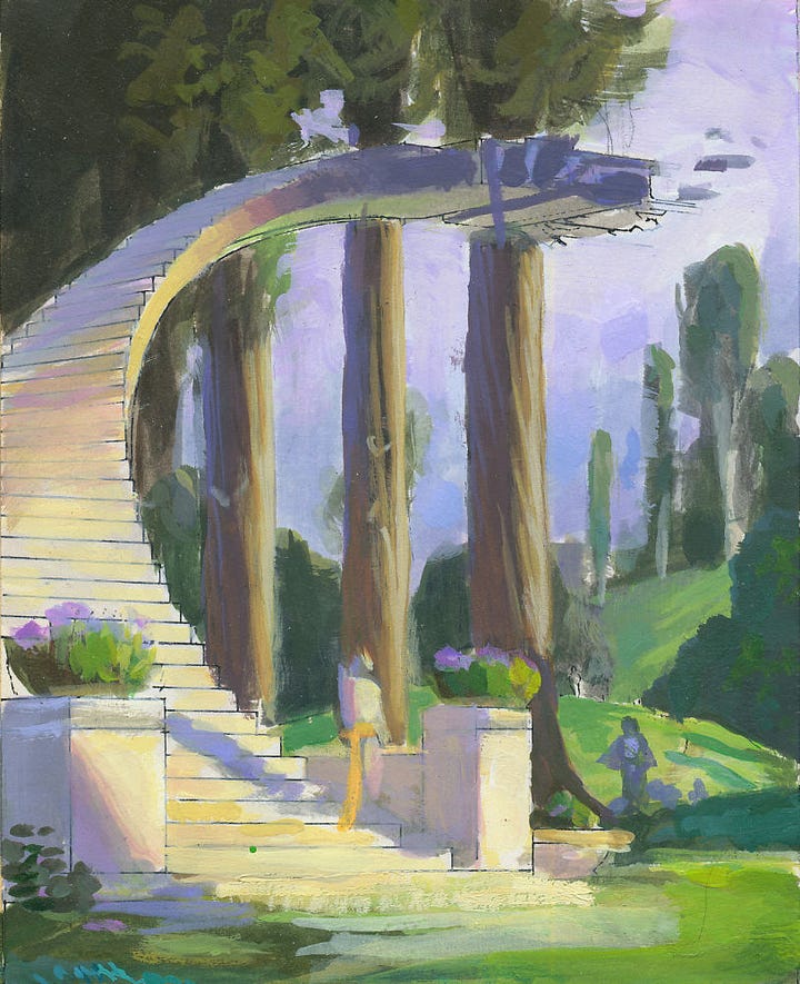 Loosely rendered color studies in traditional media for LANDING. LEFT: The winding staircase set against pastoral background. RIGHT: The figure of the man standing with heart over chest has been added. A rough figure of a robed female stands in the pastoral background.