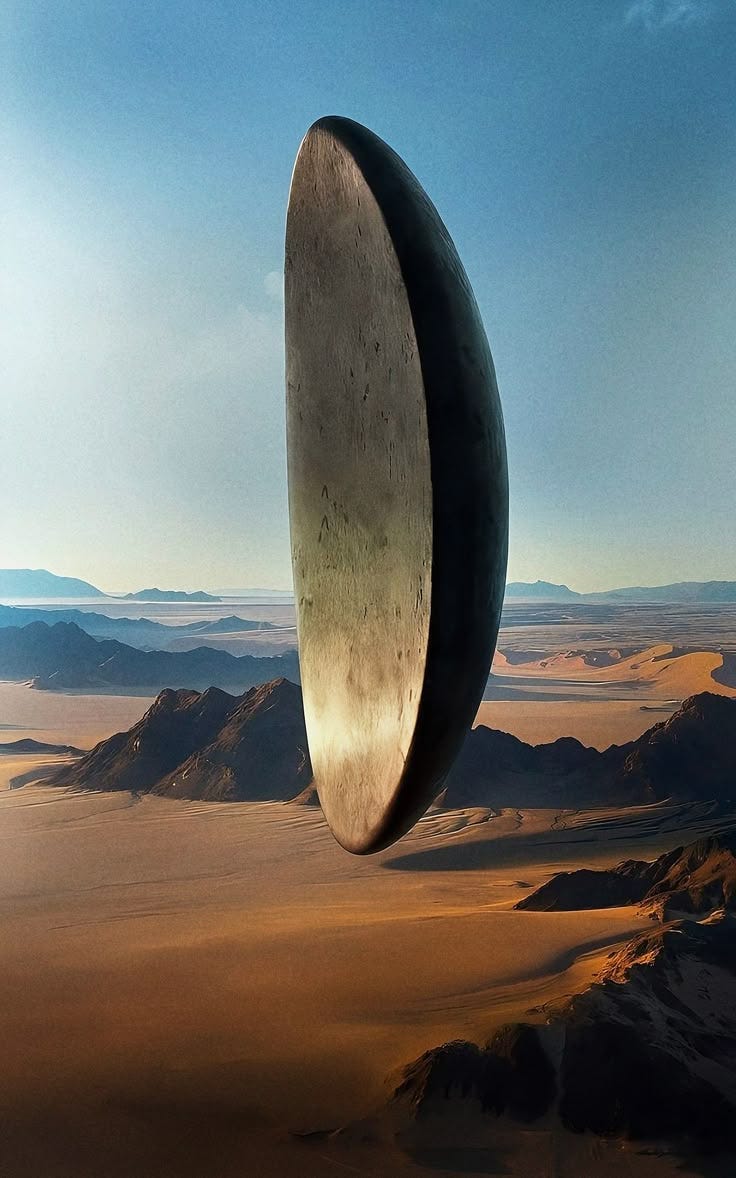 This may contain: an alien like object flying through the air over mountains and desert land with text that reads arrival