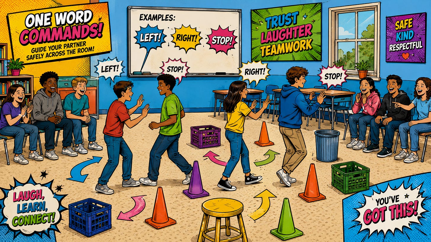 Pop-art classroom illustration showing pairs of students completing a trust-building activity. One student walks backward while a partner guides them around classroom obstacles using one-word directions such as “Left,” “Right,” and “Stop,” as classmates watch and laugh.