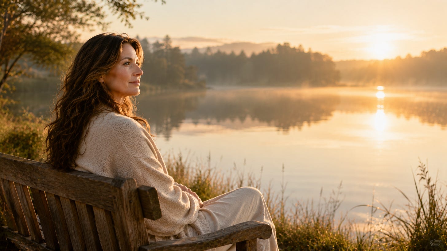 A calm reflective woman with long brown hair sits comfortably on a bench by a lake. A calm reflective woman with long brown hair sits comfortably on a bench by a lake.