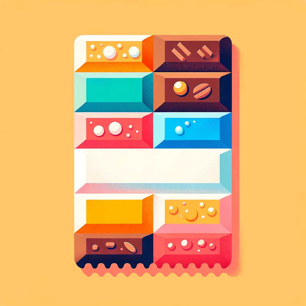 Vectorized graphic of a candy bar with different colored sections representing the various ingredients, with the largest sections being sugar and cocoa. The image has bright, matte colors with a flat design, and there is no text or logos.