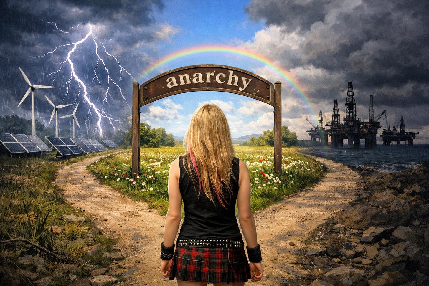 A person stands at a forked path beneath a wooden arch labelled “anarchy”. One path leads past wind turbines and solar panels under storm clouds and lightning; the other leads past offshore oil rigs beneath dark skies. A rainbow arcs over the scene.