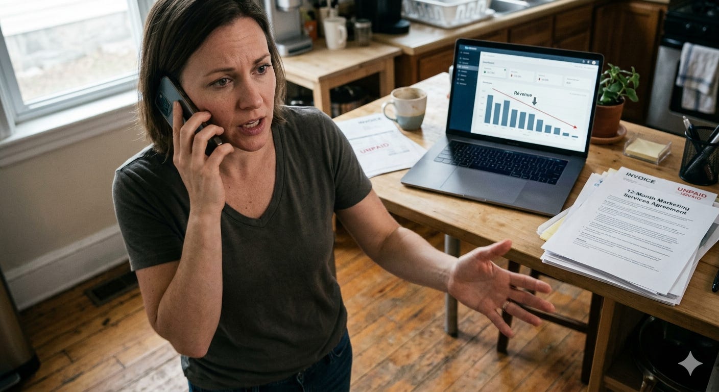 Woman on phone, pacing, mid-sentence saying "just," gesturing to explain next business intervention. Behind her: laptop showing declining revenue, unpaid invoices, 12-month marketing contract. The ratchet clicking in real-time—she's inside the trap, explaining why this intervention is different. Woman on phone, pacing, mid-sentence saying "just," gesturing to explain next business intervention. Behind her: laptop showing declining revenue, unpaid invoices, 12-month marketing contract. The ratchet clicking in real-time—she's inside the trap, explaining why this intervention is different.