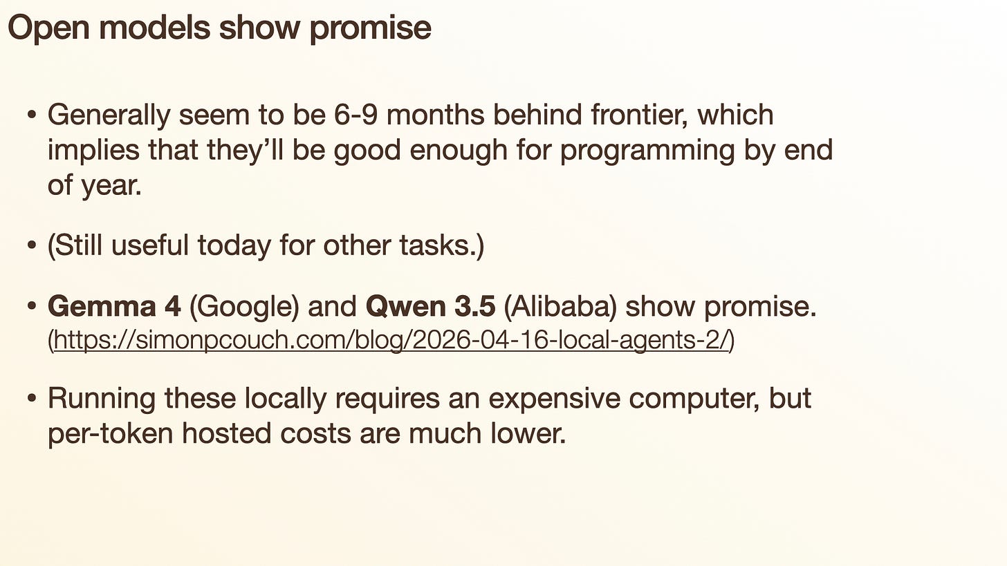 Slide: "Open models show promise" — Gemma 4 (Google) and Qwen 3.5 (Alibaba) Slide: "Open models show promise" — Gemma 4 (Google) and Qwen 3.5 (Alibaba)