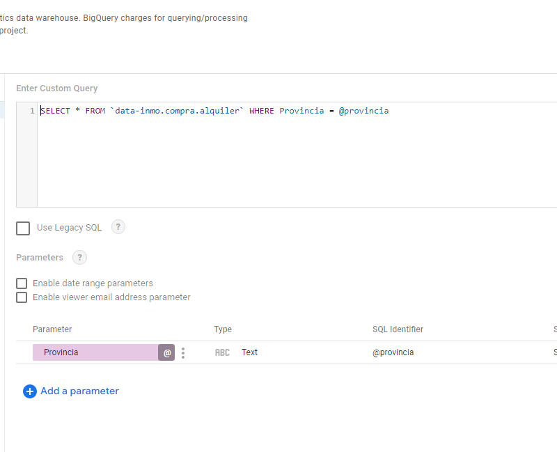 looker studio parameters custom query