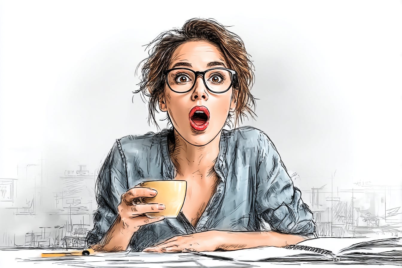  A middle 40ish aged woman with dark hair sits at a table, holding a cup of coffee in her hand and talking excitedly about something 