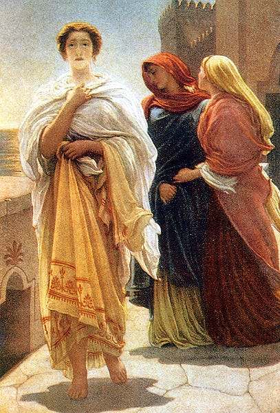 Photograph of an oil painting showing a woman in robes facing the viewer while other women mourn behind her