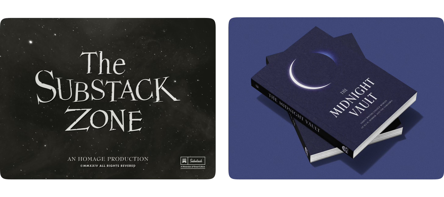 The Substack Zone logotype and a short stack of The Midnight Vault printed anthology.