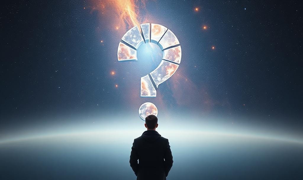 Contemplative figure before a fractured question mark in a cosmic void, illustrating the self-contradictory nature of asking for the cause of existence.