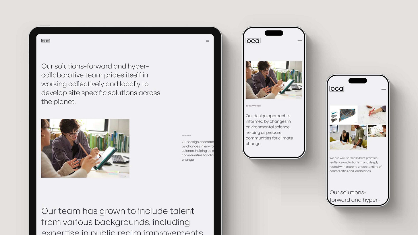 An editorial content page on the new Local website shown in an iPad and two iPhones